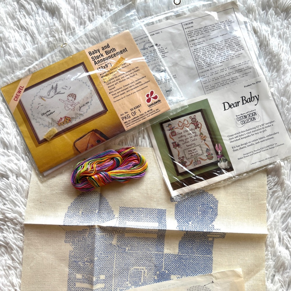 THREE Vintage 70s Baby Birth Announcement Cross Stitch and Embroidery Kits